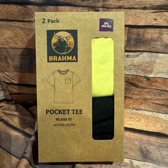 Brahma T-Shirt 2XL 50-52 Yellow & Black Pocket 2 Pack Relaxed Moisture Wicking - Picture 1 of 6